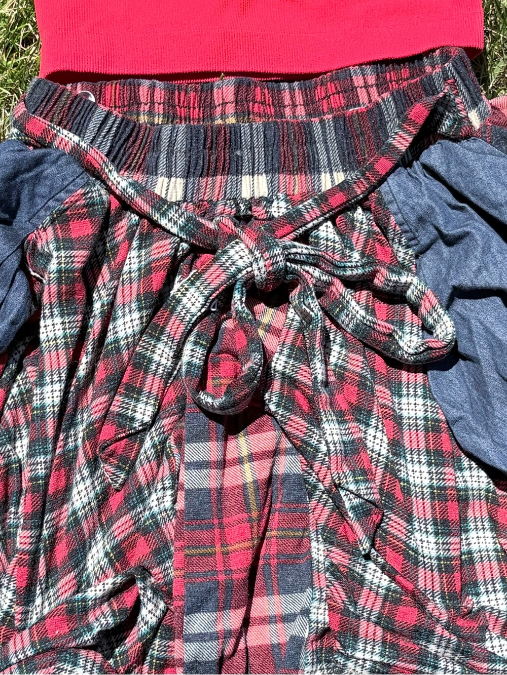 Red Plaid Tie-Waist Skirt with Denim Accents